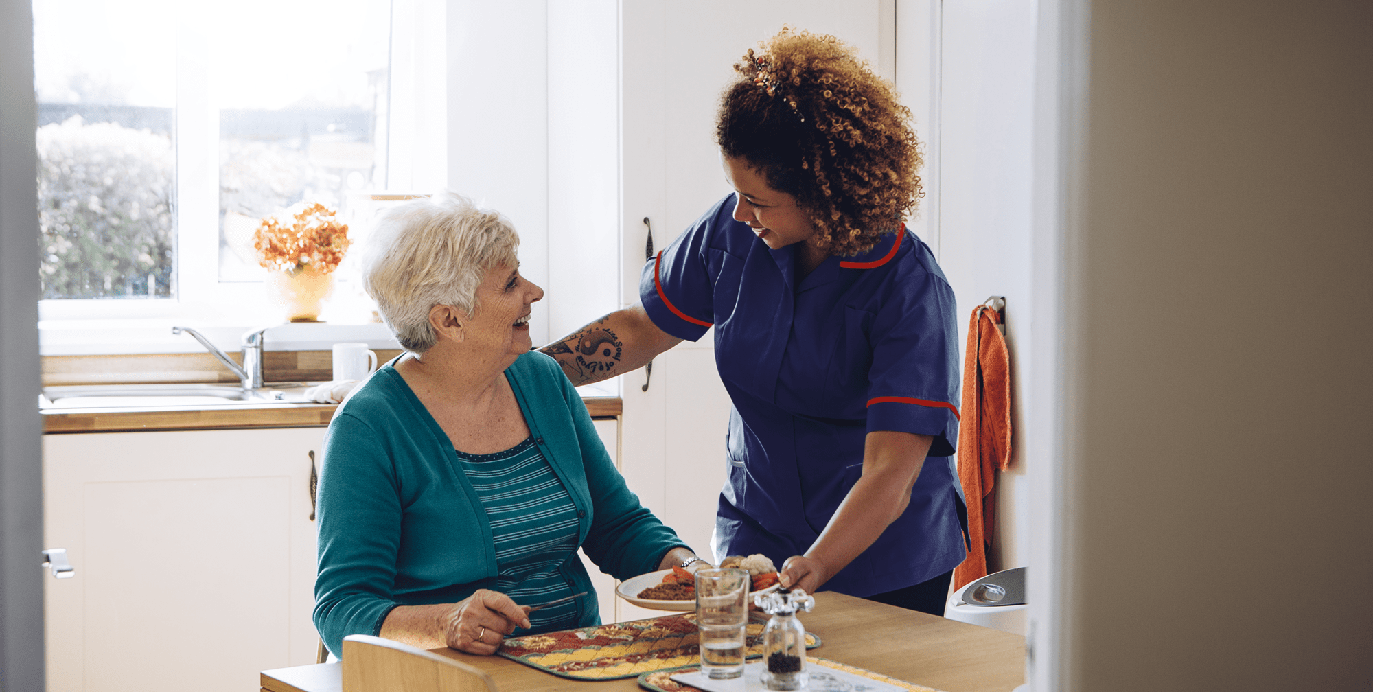 carer handing older woman a plate of food and chatting